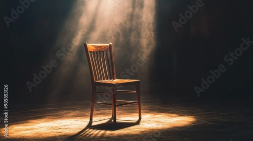 Photo of a single wooden chair under a spotlight in an empty room