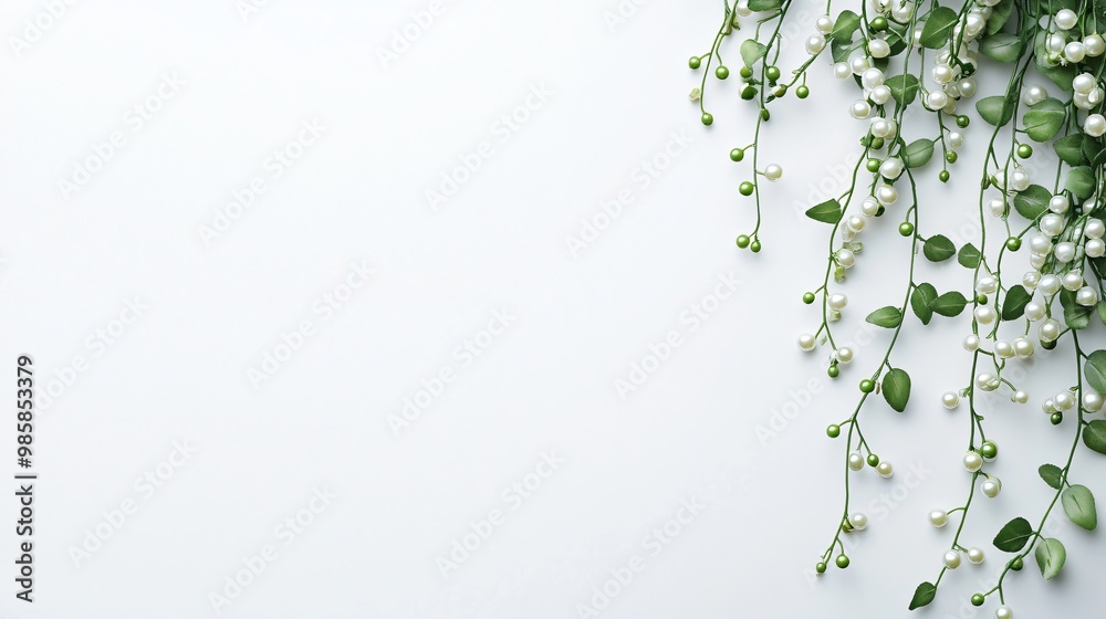 White background with green leaves and pearls arranged in a cascading design. White background with green leaves and pearls arranged in a cascading design.