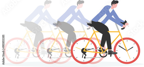 Time management, vision or effort to manage project and foresee problem or opportunity, work deadline or timer countdown, progress or development concept, businessman riding time passing clock.
