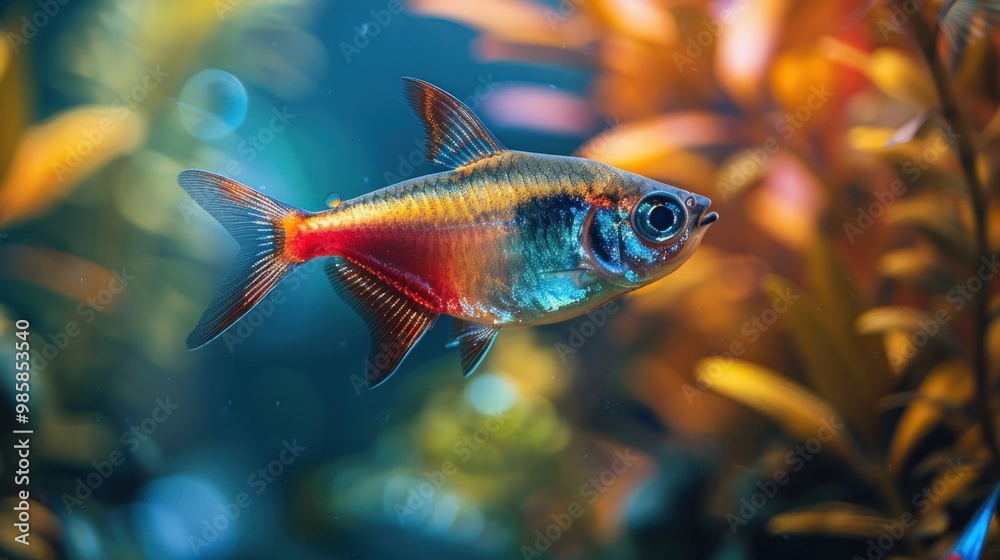 Colorful Neon Tetra Fish in Aquarium.