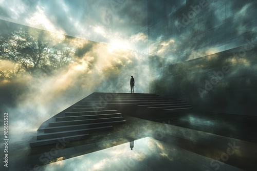 A Solitary Figure Stands on a Set of Stairs Facing a Foggy Landscape