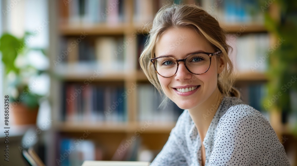 Portrait of a fair-skinned woman with glasses smiling genuinely, sitting at a desk in a well-lit library, bookshelves filled with books in the background Portrait of a fair-skinned woman with glasses smiling genuinely, sitting at a desk in a well-lit library, bookshelves filled with books in the background
