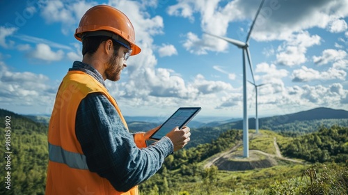 Renewable energy engineer working on a wind turbine maintenance project in a remote landscape, 