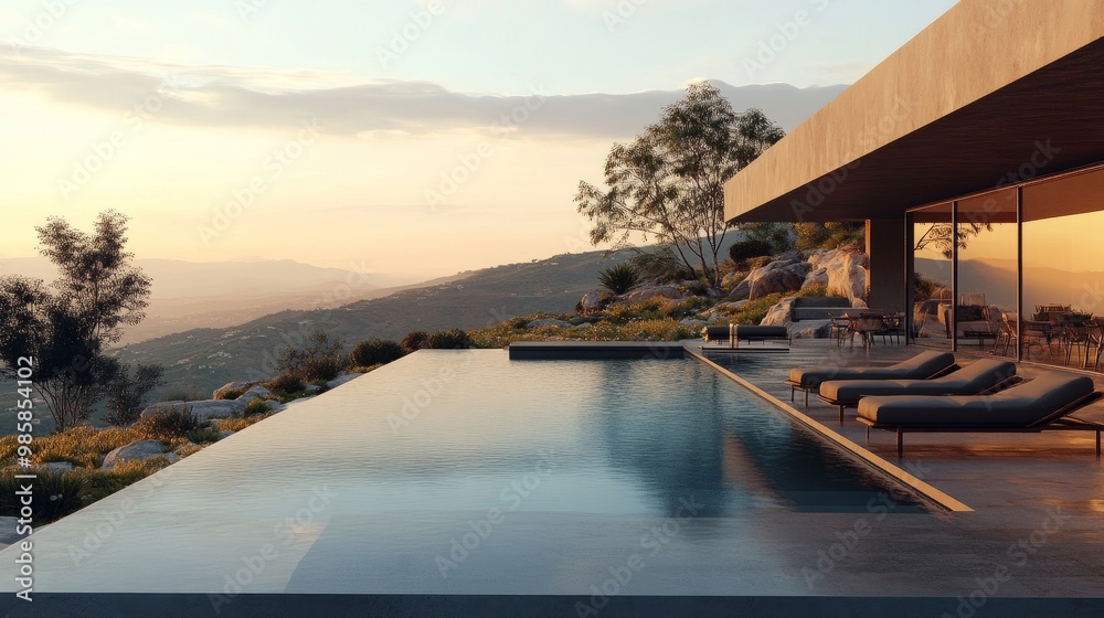 A luxurious infinity-edge swimming pool overlooking a scenic landscape, with modern patio furniture and a serene ambiance. A luxurious infinity-edge swimming pool overlooking a scenic landscape, with modern patio furniture and a serene ambiance.