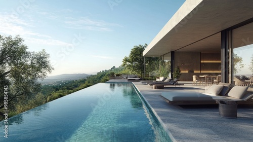 A luxurious infinity-edge swimming pool overlooking a scenic landscape  with modern patio furniture and a serene ambiance.