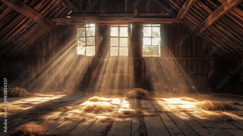 Rustic interior of an abandoned barn, wooden beams exposed, dust particles floating in the sunlight streaming through broken windows, Rustic interior of an abandoned barn, wooden beams exposed, dust particles floating in the sunlight streaming through broken windows,