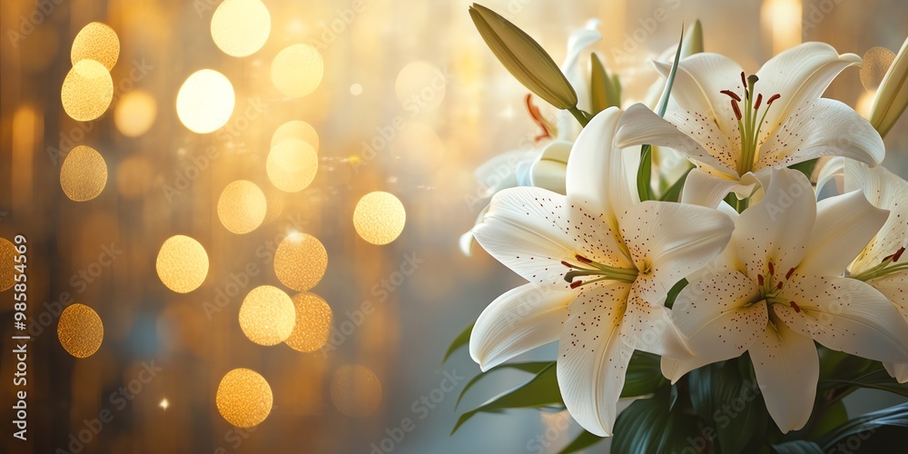Closeup of white lilies with soft bokeh lights in the background.