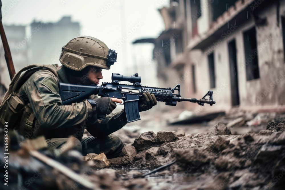 Fototapeta premium The army soldier shoots from a machine gun, advancing in an urban combat zone