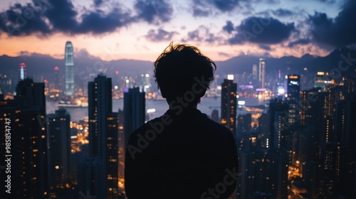 Silhouette of a person looking out over a bustling cityscape at twilight, skyscrapers lit up in the distance