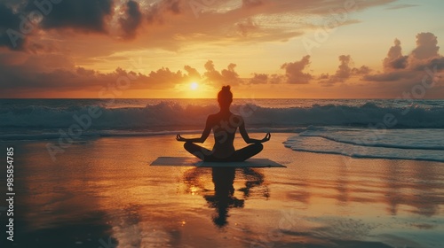 Silhouette of a person practicing yoga on the beach during sunrise, with gentle waves in the background