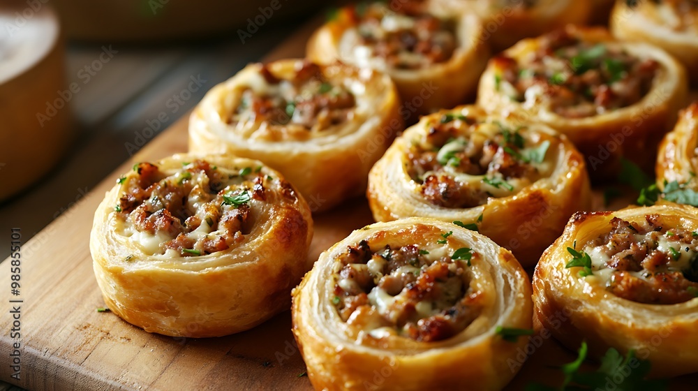 Close-up of savory pastries filled with sausage and cheese, garnished with parsley, on a wooden board. Close-up of savory pastries filled with sausage and cheese, garnished with parsley, on a wooden board.