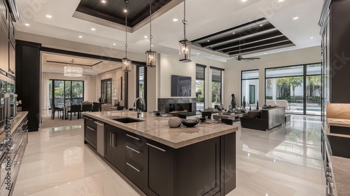 Contemporary open-concept kitchen with dark cabinetry, marble countertops, and an oversized island with built-in sink and cooktop.