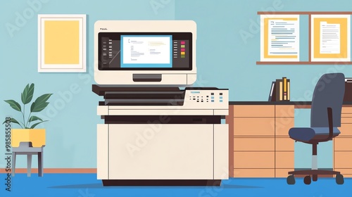 Modern office setup featuring a multifunction printer, desk, chair, and decorative plant, perfect for productivity and business needs.