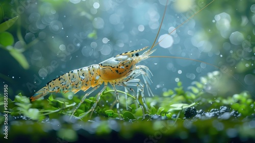 Close-up of a Colorful Shrimp in Aquatic Plants. photo