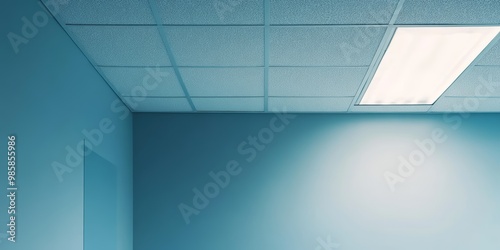 A quiet, empty room features a textured blue wall, grid ceiling tiles, and bright overhead lighting casting a soft glow