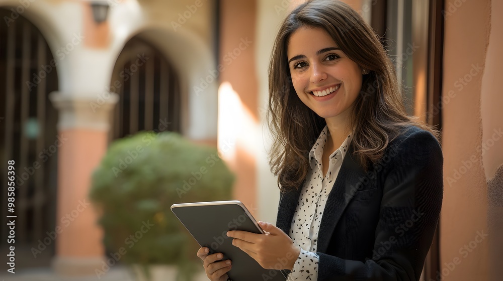 Fototapeta premium A Smiling Woman Holding a Tablet Computer Against a Blurry Architectural Background