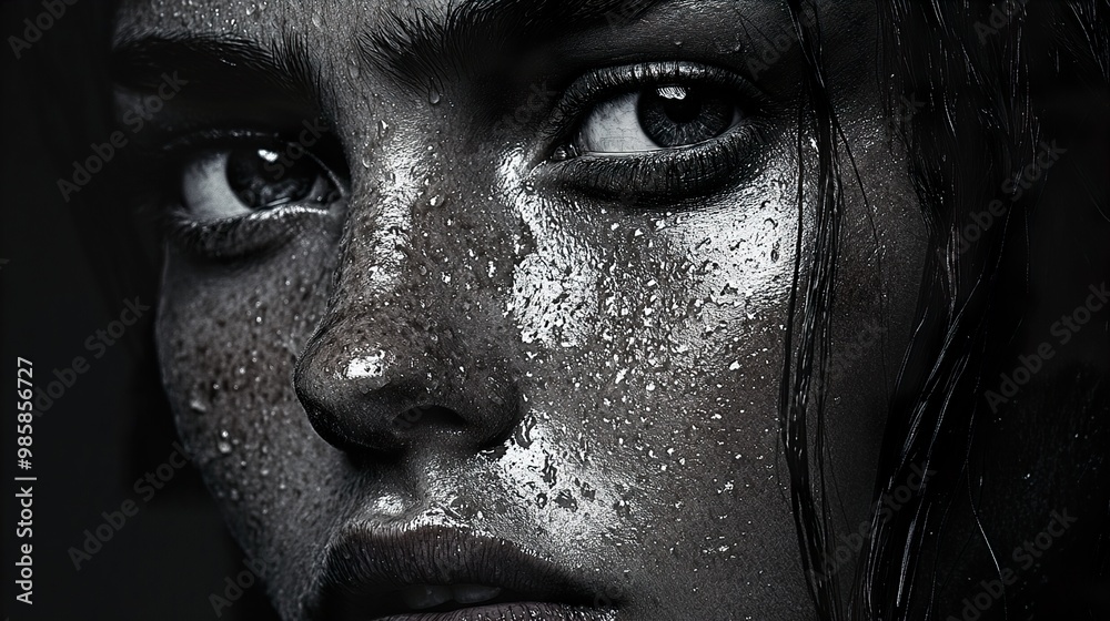Close-Up Portrait of a Woman with Water Drops on Her Face