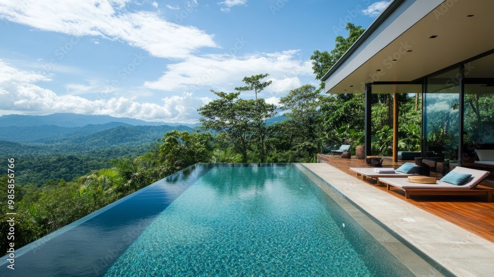Fototapeta premium Infinity pool on a hillside property, offering panoramic views of mountains and forests, with a modern deck.