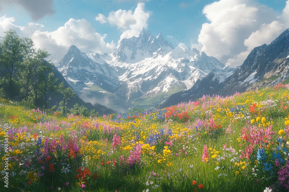 Colorful wildflowers blooming in a meadow with a majestic snow-capped mountain range in the background. Colorful wildflowers blooming in a meadow with a majestic snow-capped mountain range in the background.