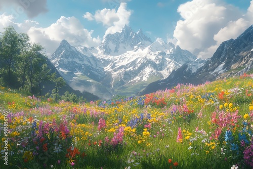 Colorful wildflowers blooming in a meadow with a majestic snow-capped mountain range in the background.