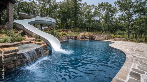 Large swimming pool with natural stone tiles and a custom-designed water slide, perfect for family fun and entertainment.