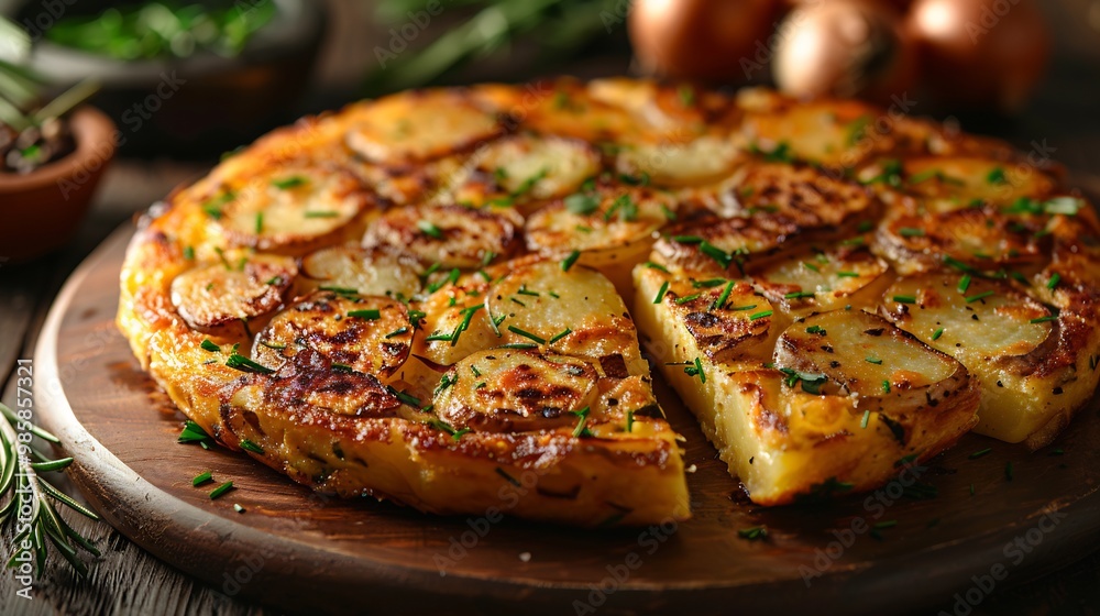 Spanish tortilla de patatas a thick omelette made with potatoes and onions sliced and served on a white plate Spanish tortilla de patatas a thick omelette made with potatoes and onions sliced and served on a white plate