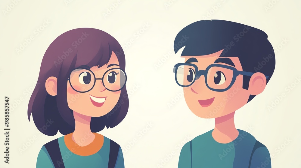 A vibrant illustration of two cheerful friends, engaging in a friendly conversation with smiles and playful expressions. A vibrant illustration of two cheerful friends, engaging in a friendly conversation with smiles and playful expressions.