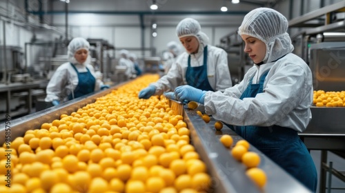 Workers wearing safety gear operating machinery on a food processing line in an industrial factory setting photo