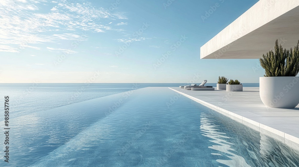Minimalist swimming pool with clear, blue water reflecting the sky, bordered by white stone tiles and modern planters. Minimalist swimming pool with clear, blue water reflecting the sky, bordered by white stone tiles and modern planters.