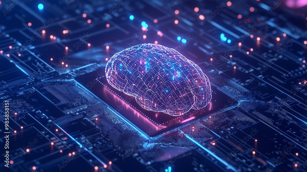 A glowing CPU chip pulses with energy, nestled on a motherboard amidst intricate circuitry. A glowing CPU chip pulses with energy, nestled on a motherboard amidst intricate circuitry.