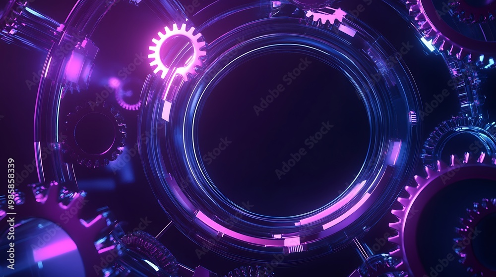 Abstract glowing purple and blue gears with circular frame on black background. Abstract glowing purple and blue gears with circular frame on black background.