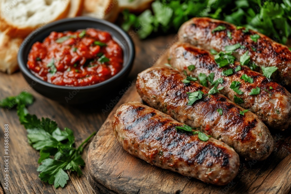 delicious cevapi with ajvar and bread on a wooden table balkan street food banner with space for text delicious cevapi with ajvar and bread on a wooden table balkan street food banner with space for text