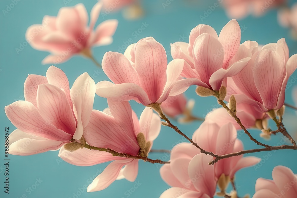 Obraz premium delicate pink magnolia blossoms in full bloom their petals unfurling against a clear azure sky creating a romantic and serene springtime scene