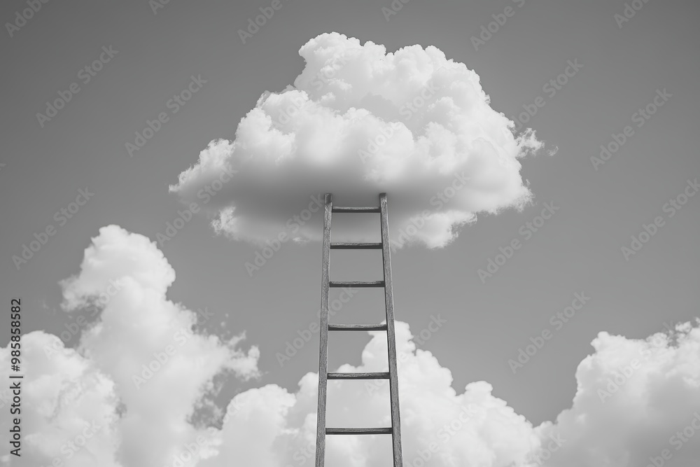 A wooden ladder climbs toward a cloud sitting above, surrounded by larger fluffy clouds in a monochrome sky A wooden ladder climbs toward a cloud sitting above, surrounded by larger fluffy clouds in a monochrome sky