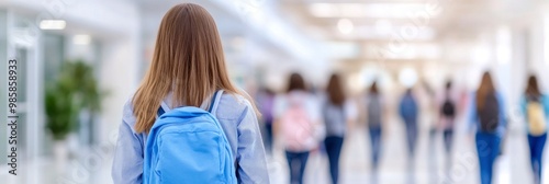A blurry image shows high school students in a busy school building making their way up the stairs between courses.