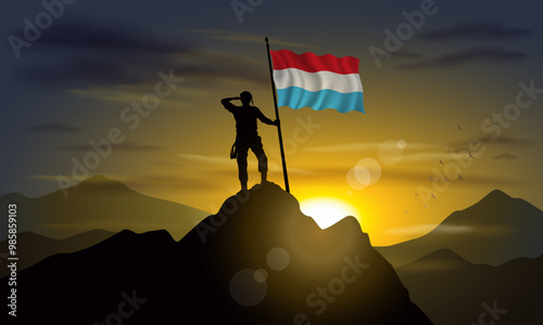 Luxembourg flag, silhouette of man holding flag on Sunset cliff. Vector Illustrator