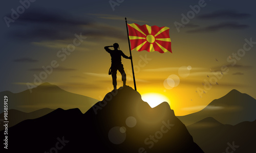 Macedonia flag, silhouette of man holding flag on Sunset cliff. Vector Illustrator