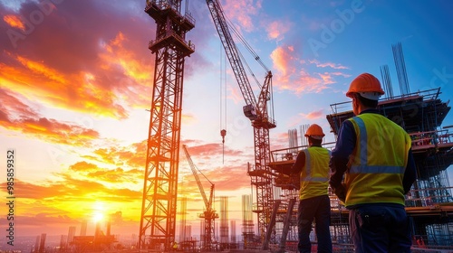 Platform construction at sunrise showcases cranes and workers silhouetted against a vibrant, colorful sky, creating a dynamic and striking composition that captures the essence of progress.