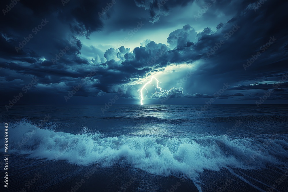 Dramatic lightning strike over the ocean, with dark clouds and crashing waves.