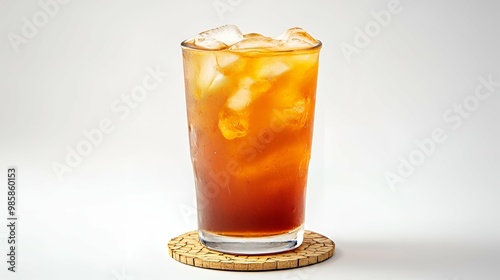 Refreshing Iced Thai Tea in a Glass with Ice Cubes. photo