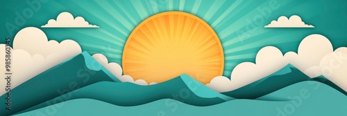 Bright turquoise pop art retro background with bright orange sun