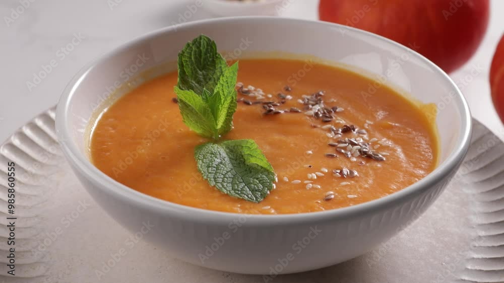 rotation pumpkin cream soup in white bowl food rotation pumpkin cream soup in white bowl food