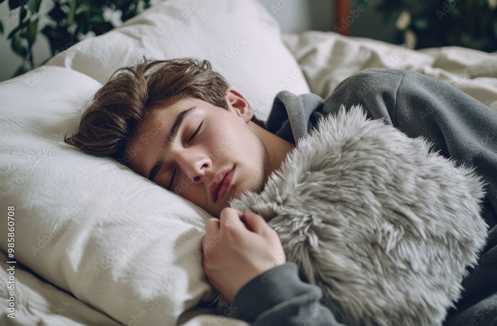 A man is sleeping on his side with a stuffed animal and a pillow. He is wearing gray pajamas with a hood, against a white background. Advertising stock photo. Close-up of both hands holding a pillow. A man is sleeping on his side with a stuffed animal and a pillow. He is wearing gray pajamas with a hood, against a white background. Advertising stock photo. Close-up of both hands holding a pillow.