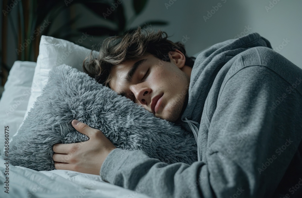 A man is sleeping on his side with a stuffed animal and a pillow. He is wearing gray pajamas with a hood, against a white background. Advertising stock photo. Close-up of both hands holding a pillow. A man is sleeping on his side with a stuffed animal and a pillow. He is wearing gray pajamas with a hood, against a white background. Advertising stock photo. Close-up of both hands holding a pillow.