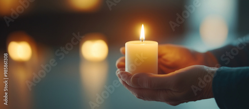 A single Yahrzeit candle flickering in a dimly lit room as a person stands quietly in reflection, honoring the memory of a loved one on Yom Kippur. The soft glow of the candle symb photo