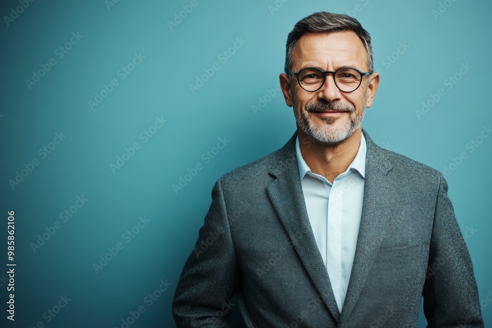 A smiling man with glasses, dressed in a suit, stands confidently against a teal backdrop, exuding a friendly and approachable demeanor A smiling man with glasses, dressed in a suit, stands confidently against a teal backdrop, exuding a friendly and approachable demeanor