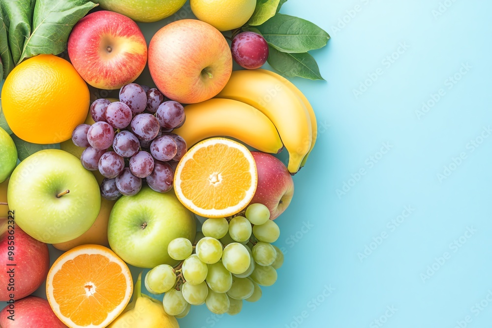Vibrant assortment of fresh fruits arranged on a light blue background, showcasing apples, grapes, oranges, and bananas. Vibrant assortment of fresh fruits arranged on a light blue background, showcasing apples, grapes, oranges, and bananas.