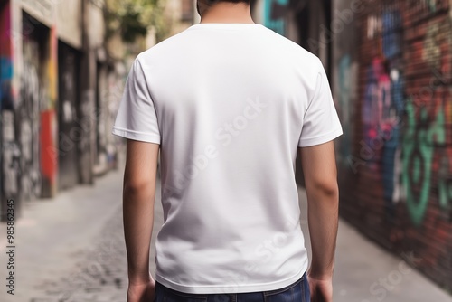 The back of a white blank T shirt mockup, with space for design, copy space. T Shirt. Urban street. Urbanwear, fashion. 