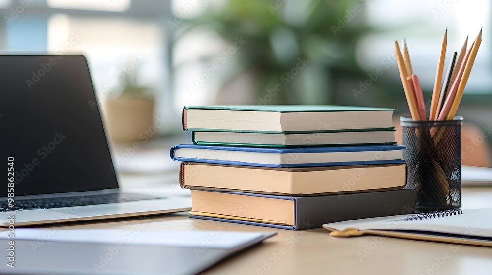 Stack of Books, Laptop, and Pencils on a Desk Stack of Books, Laptop, and Pencils on a Desk