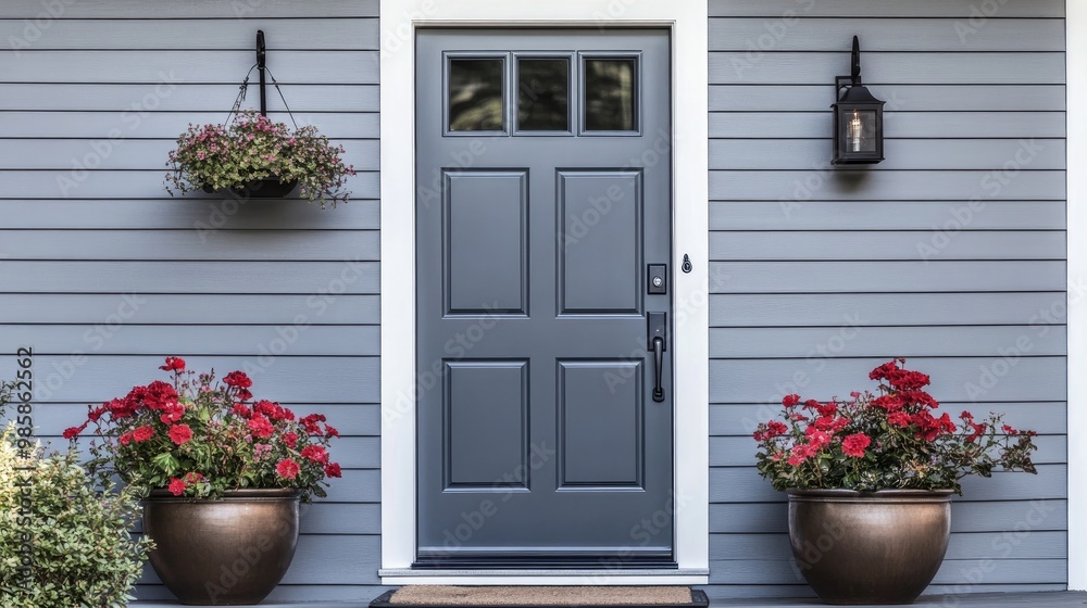 Small square ornamental windows and flower pots in front of a gray front door Small square ornamental windows and flower pots in front of a gray front door